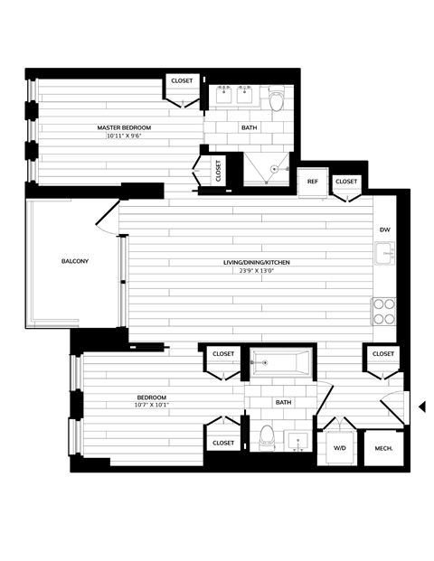 Floor plan for 2 beds, 2 baths, 971 sqft